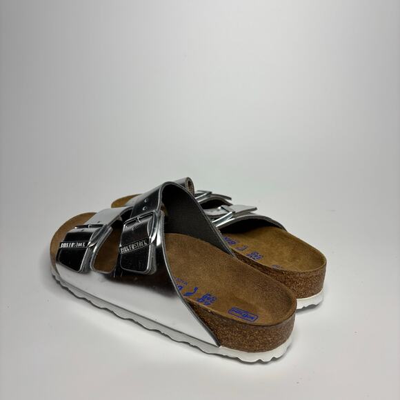 Birkenstock Arizona Metallic Leather Soft Footbed Sandals in Silver - Picture 3 of 8